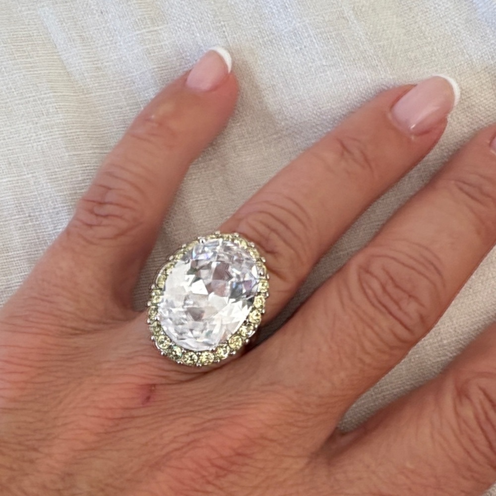 Colossal faceted Crystal solitaire ring with Swarovski crystals around. Size 7